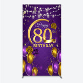 Aperturee - Aperturee Happy 80th Birthday Rectangle Backdrop for Her Purple and Gold Balloons with String Lights Elegant Party Decor